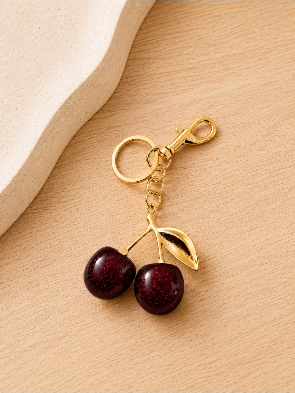Gold Cherry Keychain with Deep Red Enamel Cherries